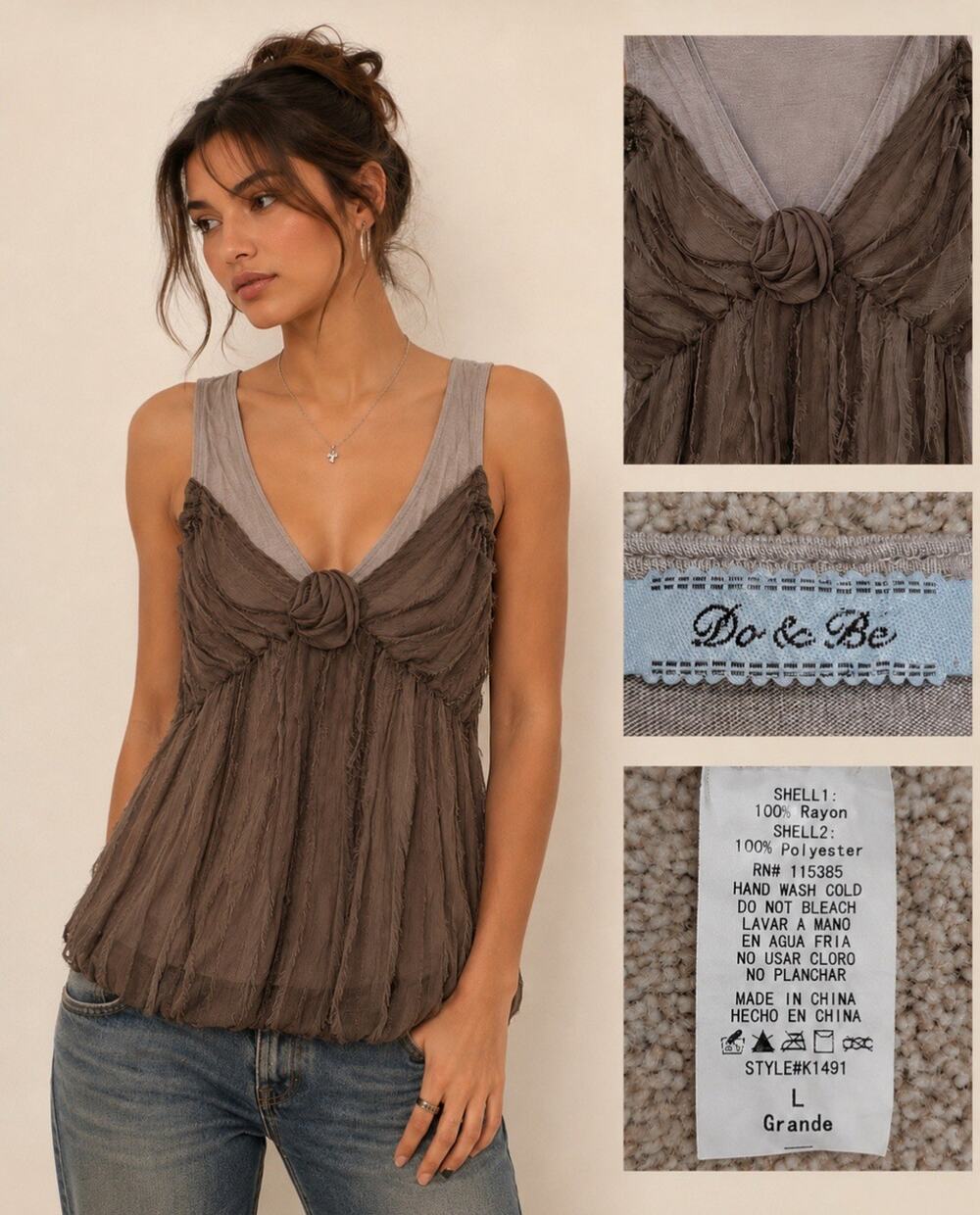 Y2K Babydoll Boho Do & Be Empire Tunic Tank Top Size L Taupe Rosette Chiffon 00s